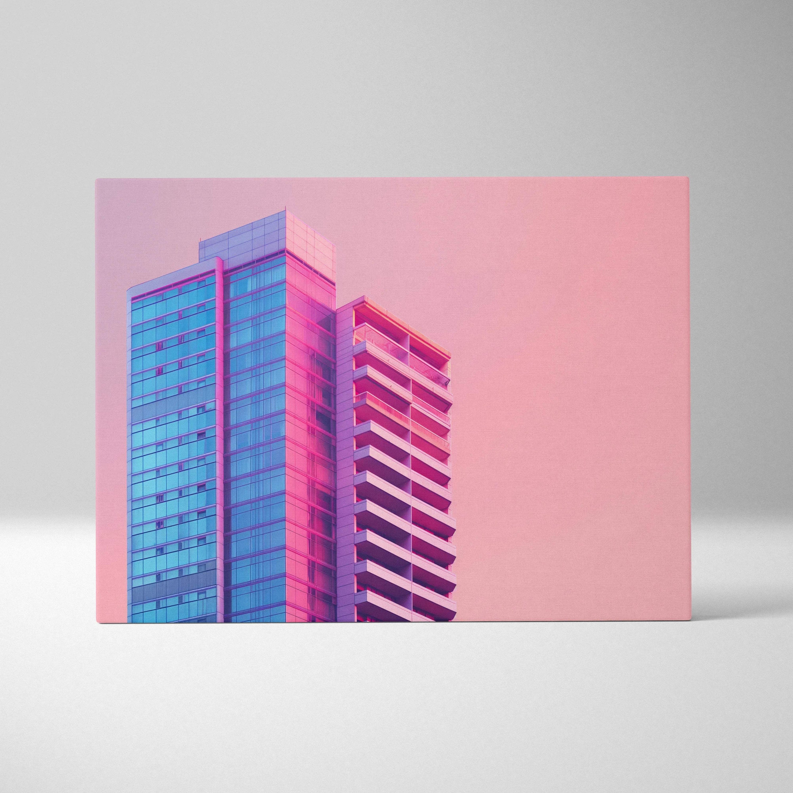 Modern architectural building digital canvas art with pink and blue tones on wall art canvas.