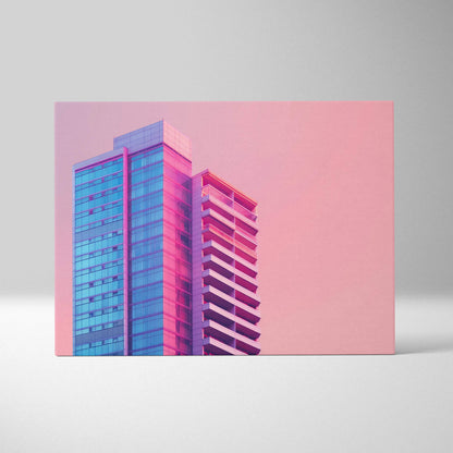 Modern architectural building digital canvas art with pink and blue tones on wall art canvas.