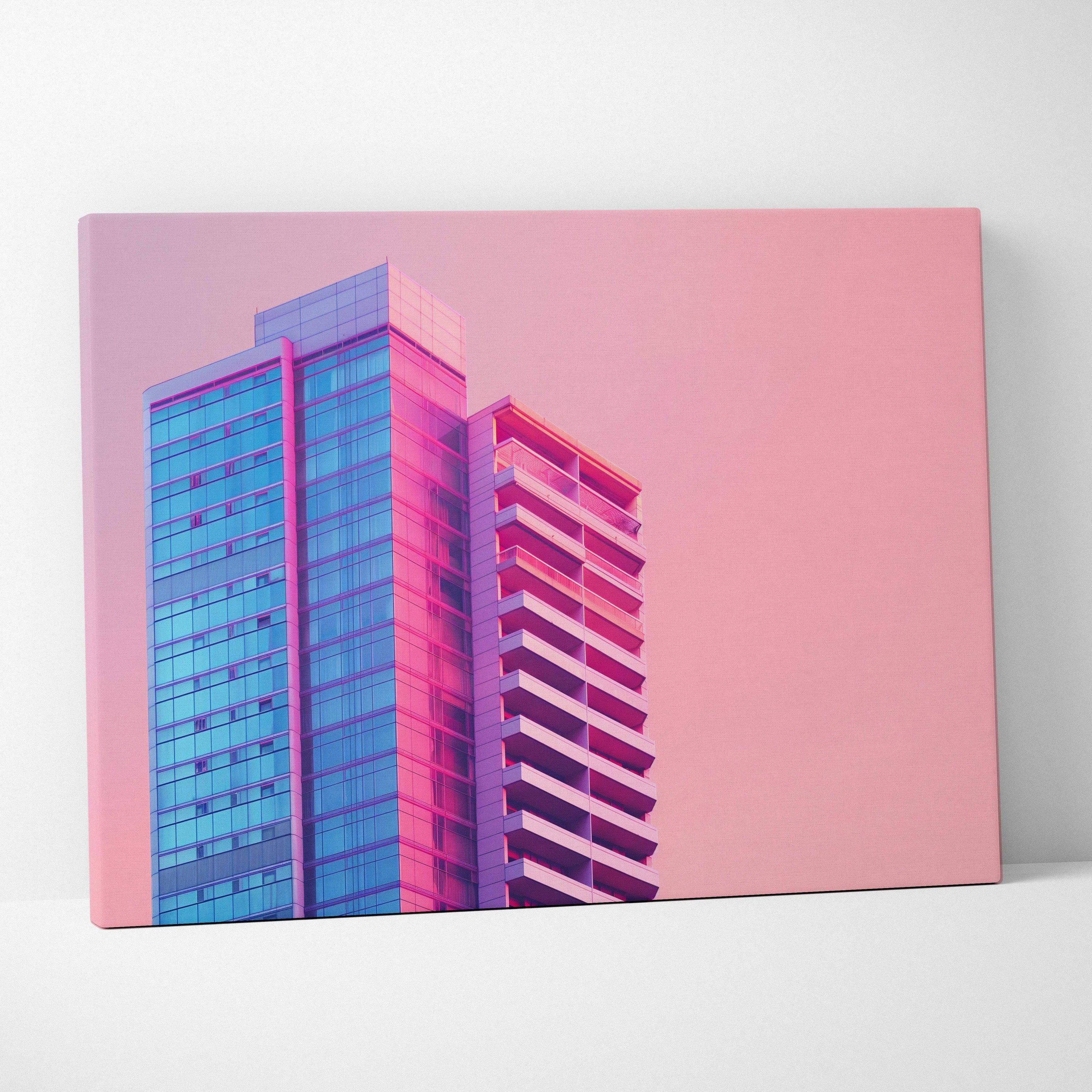 Modern digital canvas art featuring a vibrant pink and blue architectural building against a solid pink background.