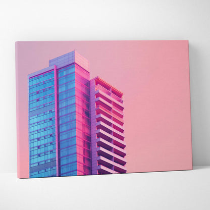 Modern digital canvas art featuring a vibrant pink and blue architectural building against a solid pink background.
