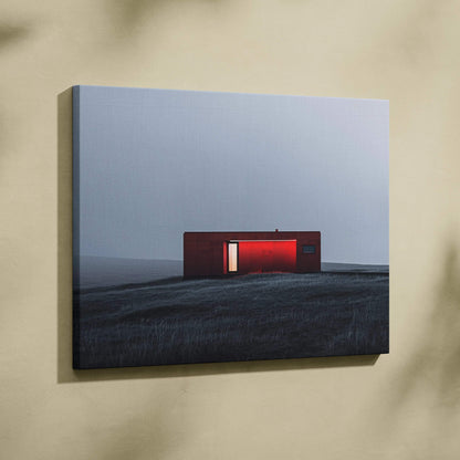 Minimalist architectural digital canvas art print featuring a modern red building on dark landscape wall art.