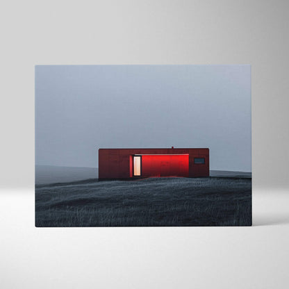 Minimalist digital canvas art featuring a rectangular building with glowing red interior on a dark, foggy landscape.