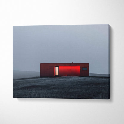 Minimalist digital canvas art featuring a modern red building against a gray landscape wall art.