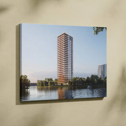 Tall modern building digital canvas art with reflective water and trees, minimalist wall decor.