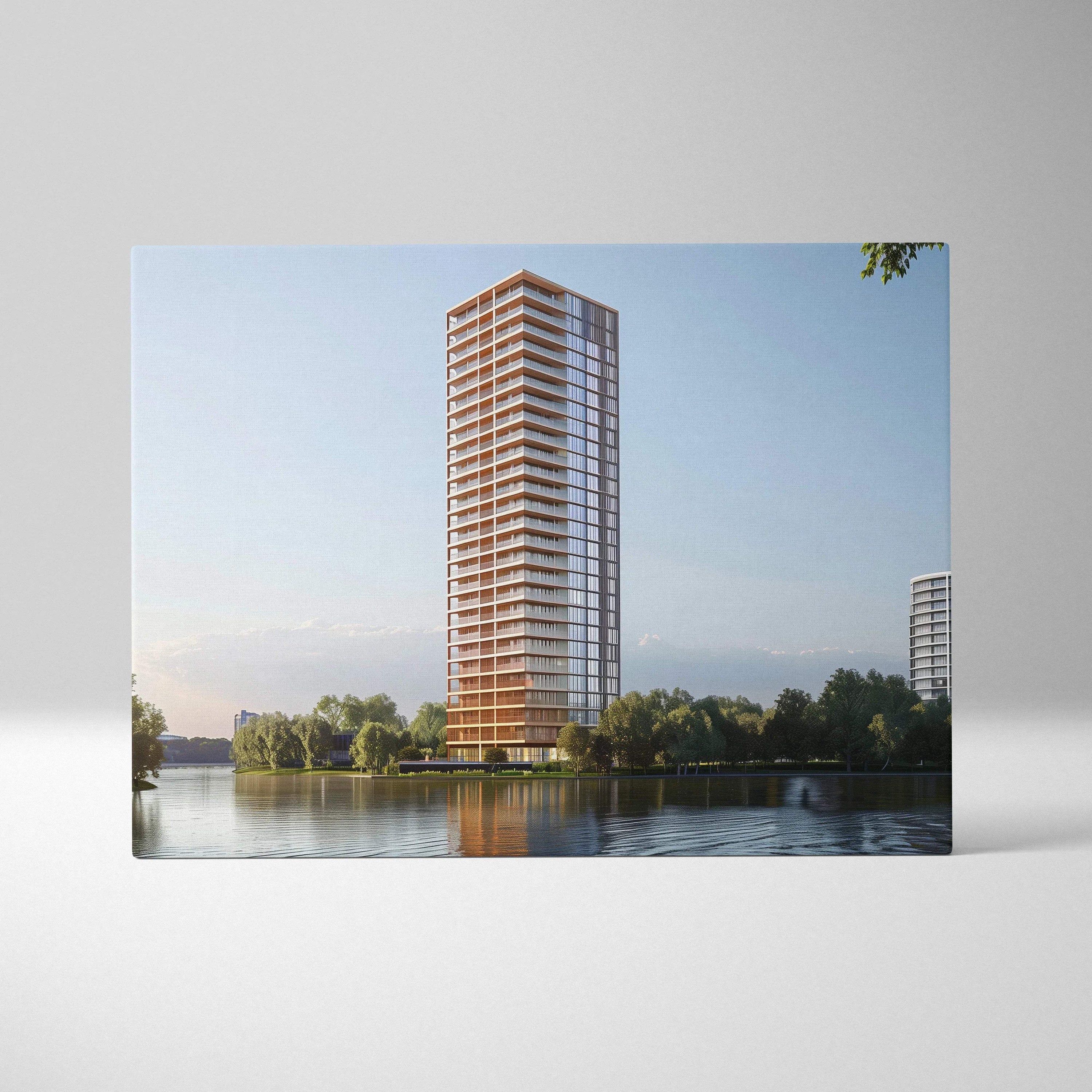 Tall modern glass and steel high-rise building reflected in calm water with clear sky background on digital canvas wall art.