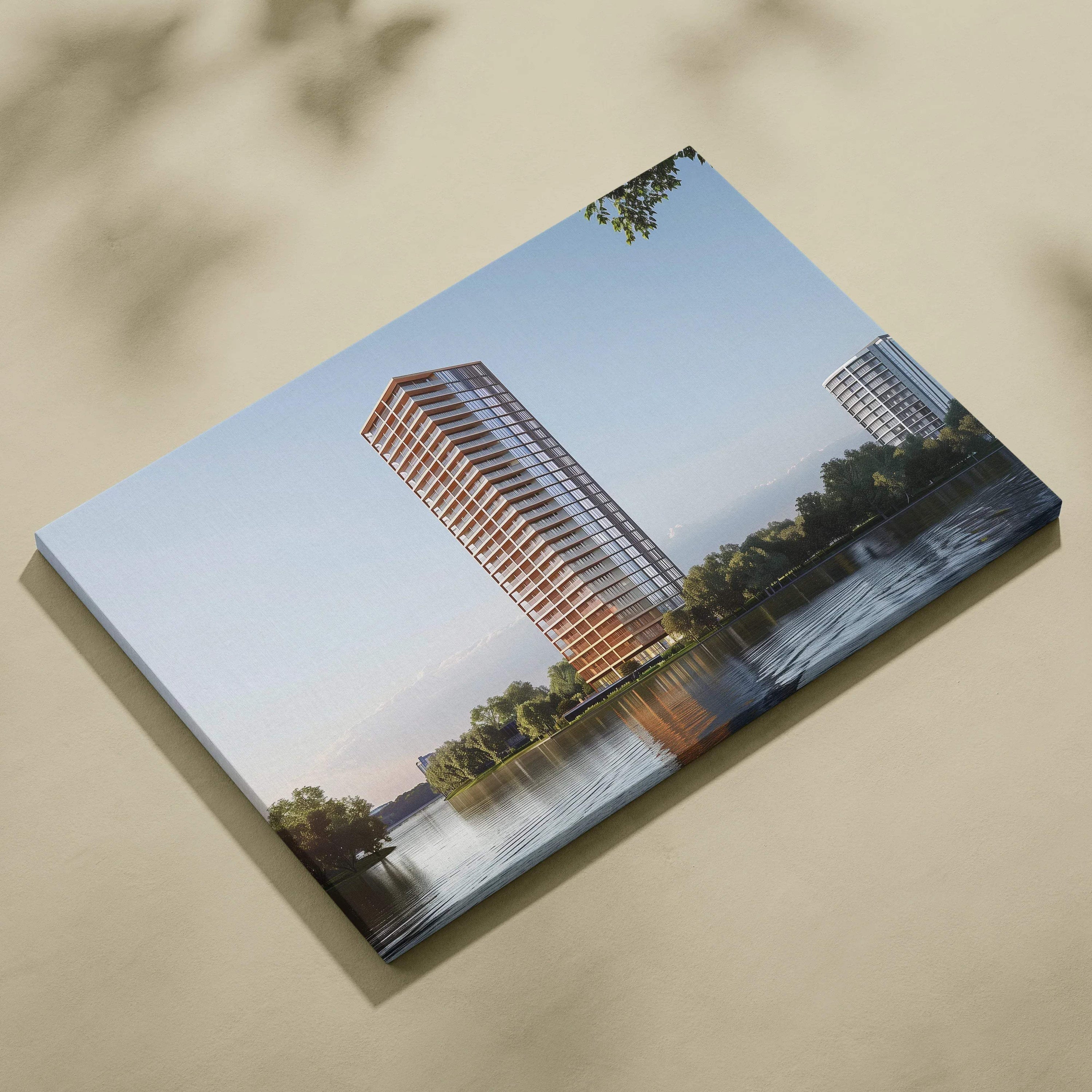 Modern high-rise building reflected on water, printed on a rectangular canvas wall art with vibrant blue sky background.