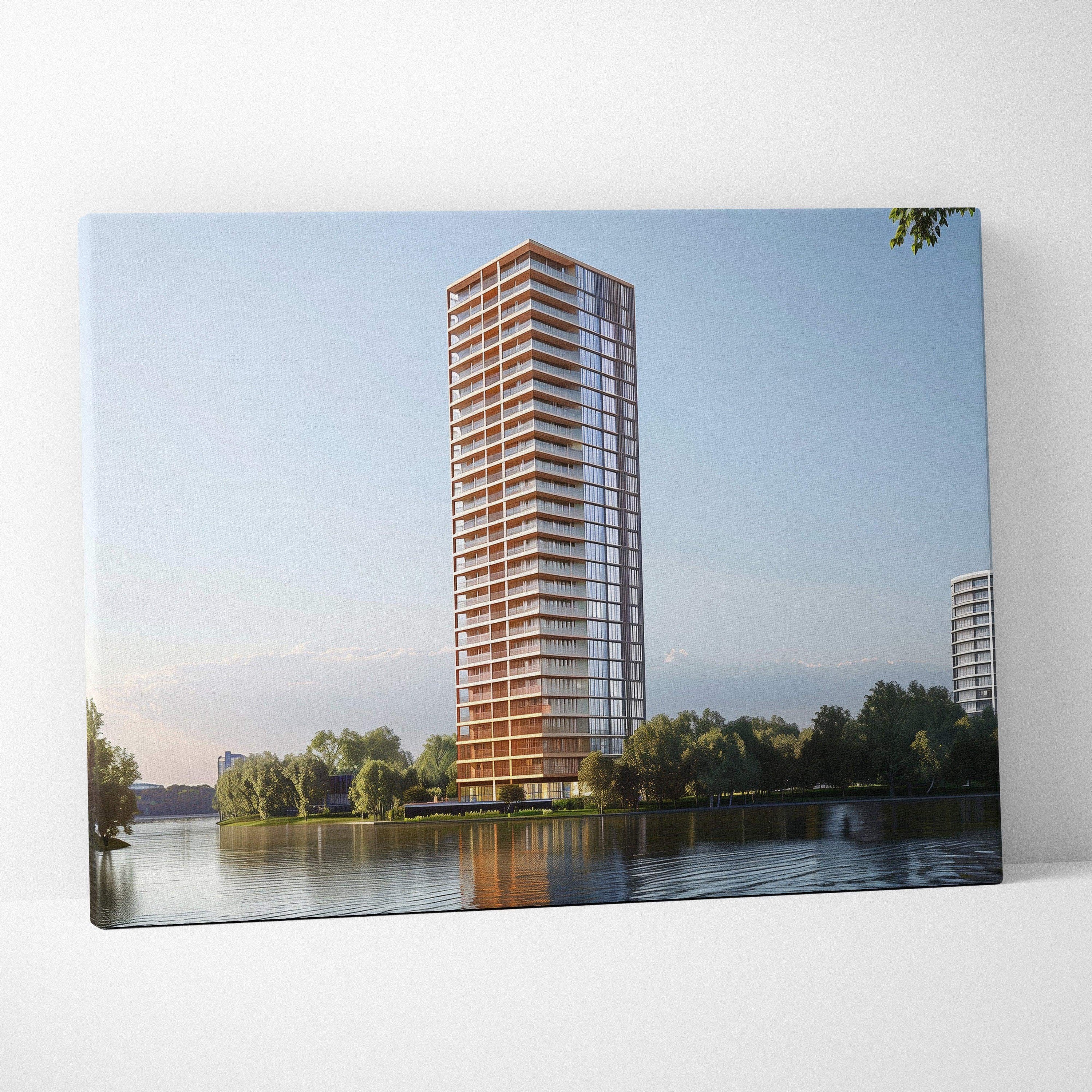 Canvas wall art featuring a tall modern skyscraper with brown and white accents by the water under a clear blue sky.