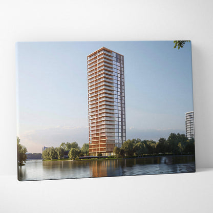 Canvas wall art featuring a tall modern skyscraper with brown and white accents by the water under a clear blue sky.