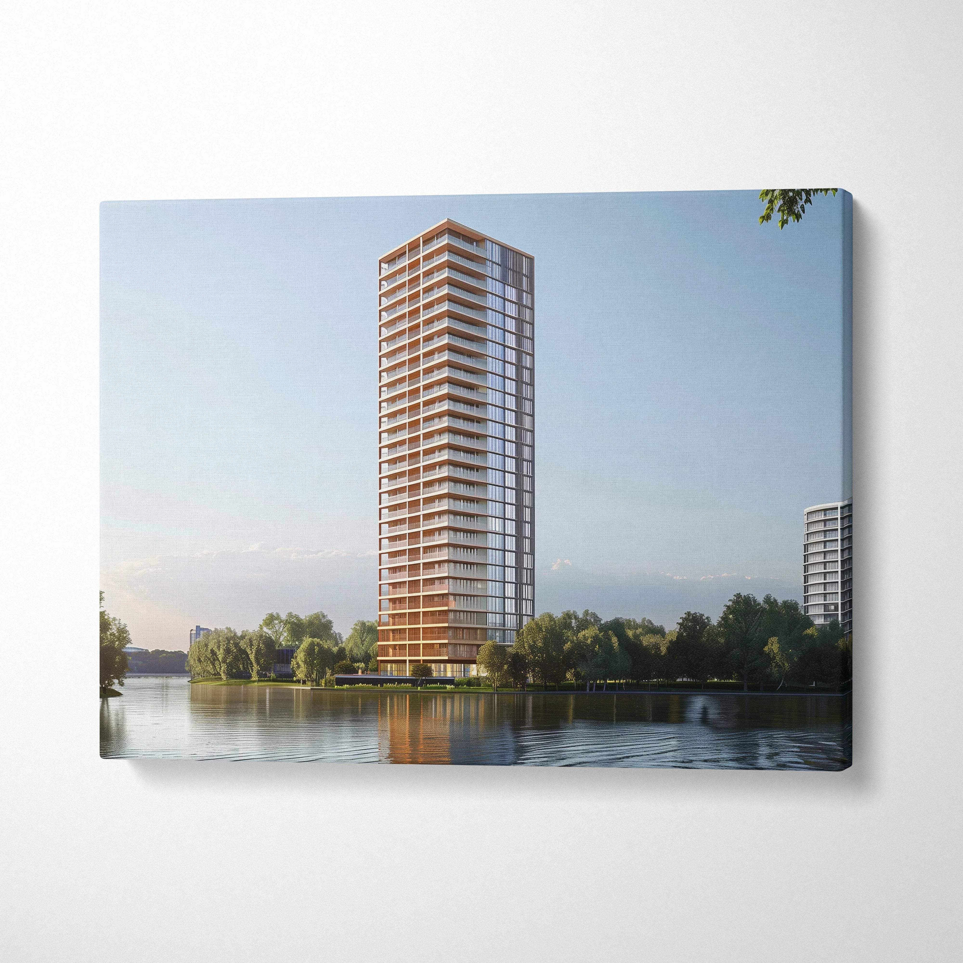 Canvas wall art showing a modern high-rise building reflecting on calm water under a clear sky.