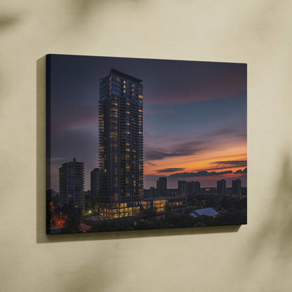 Canvas wall art featuring a tall modern building at sunset with cityscape silhouette.