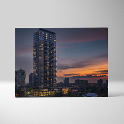Canvas wall art print featuring a modern high-rise building at sunset with warm lights and a colorful sky.