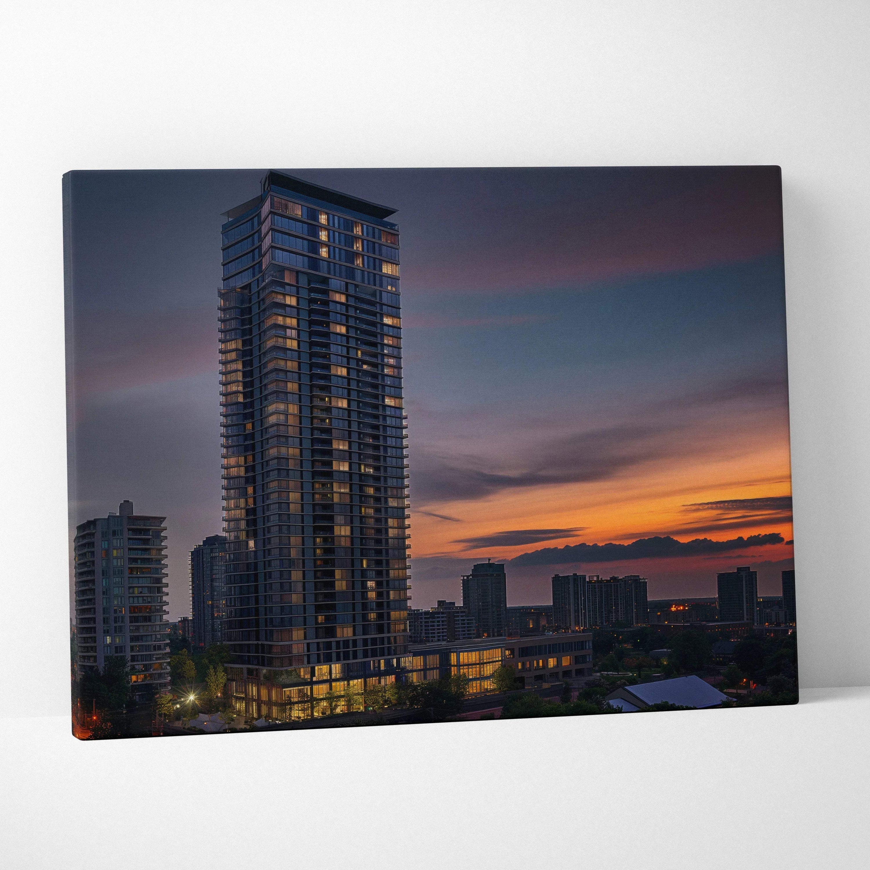 Tall modern building at sunset with colorful sky, digital canvas art wall decor.