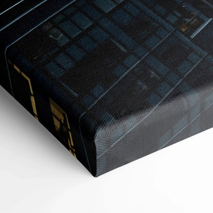 Close-up of stretched canvas art featuring dark architectural digital design with geometric patterns and subtle lighting.