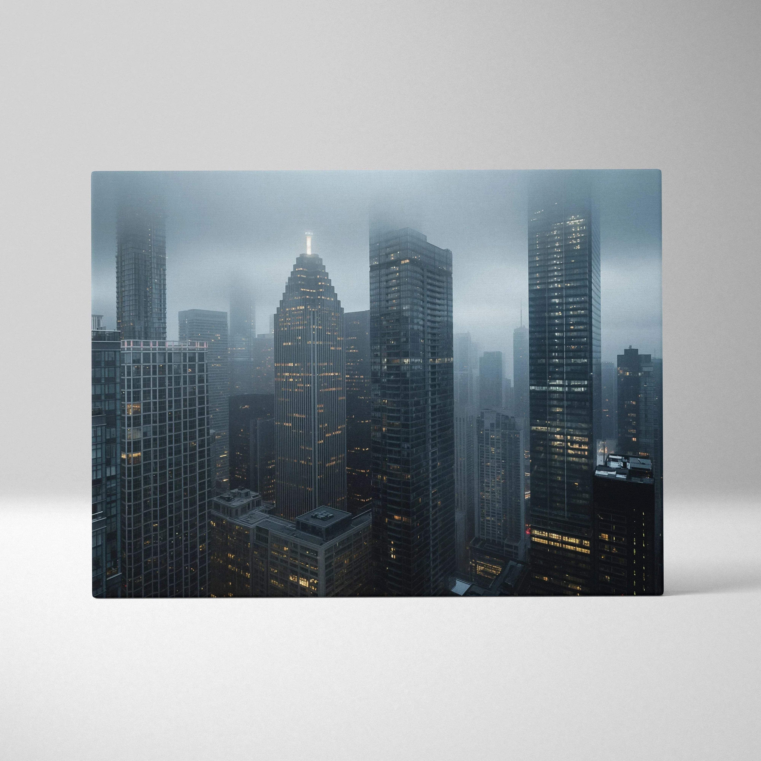 Digital art canvas print of a foggy city skyline with illuminated skyscrapers and modern architecture.