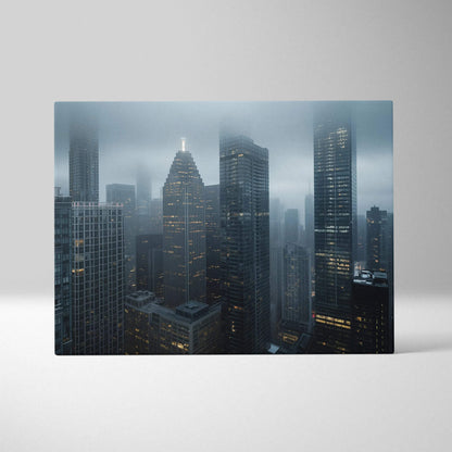 Digital art canvas print of a foggy city skyline with illuminated skyscrapers and modern architecture.