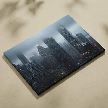 Canvas art print featuring a moody city skyline with tall skyscrapers under foggy, muted blue-grey tones.