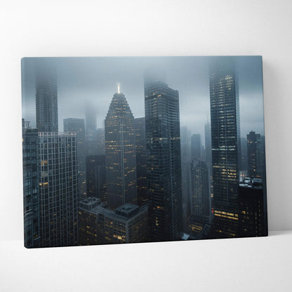 Foggy city skyline with illuminated skyscrapers digital art canvas wall art.
