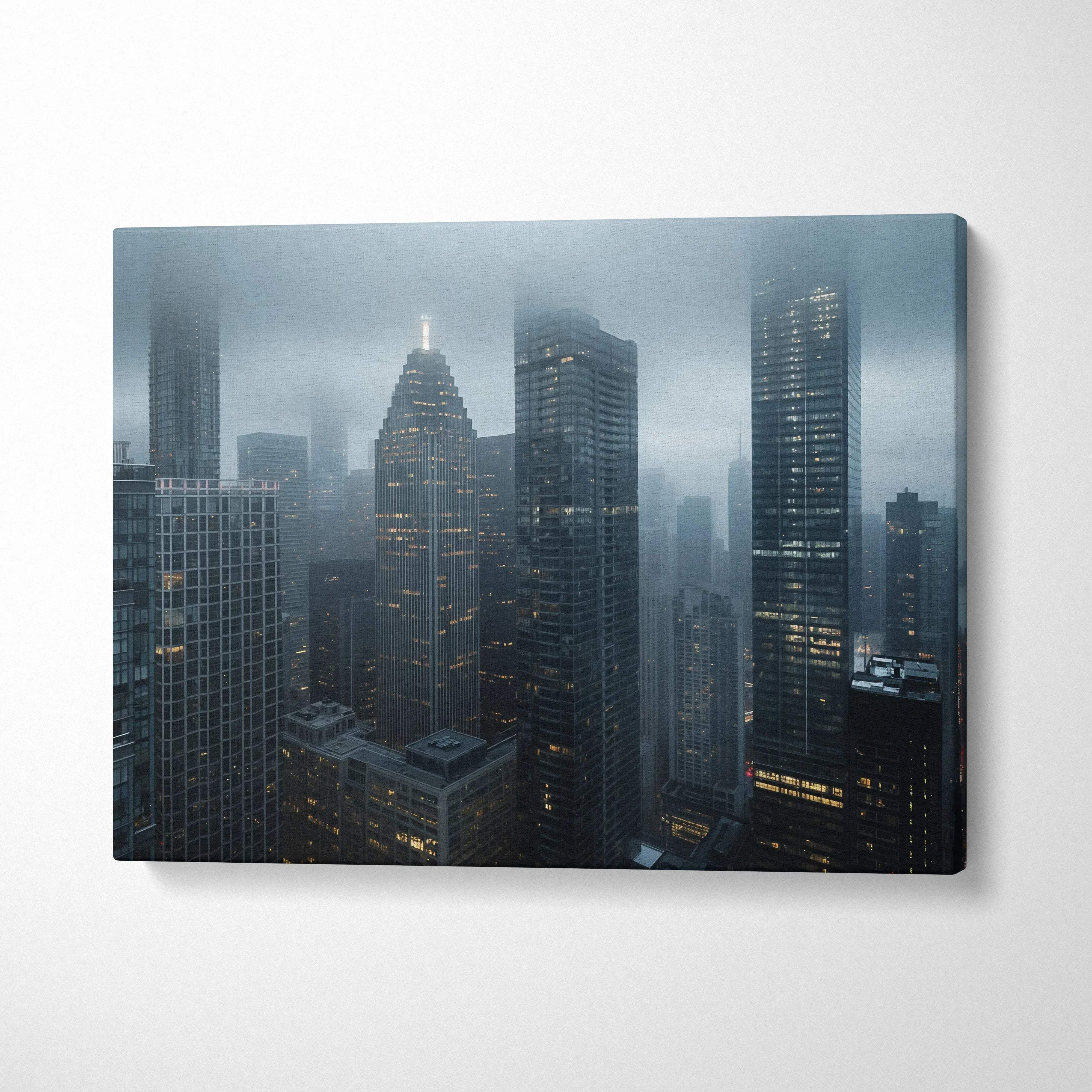 Foggy city skyline digital art on dark blue canvas wall art print.