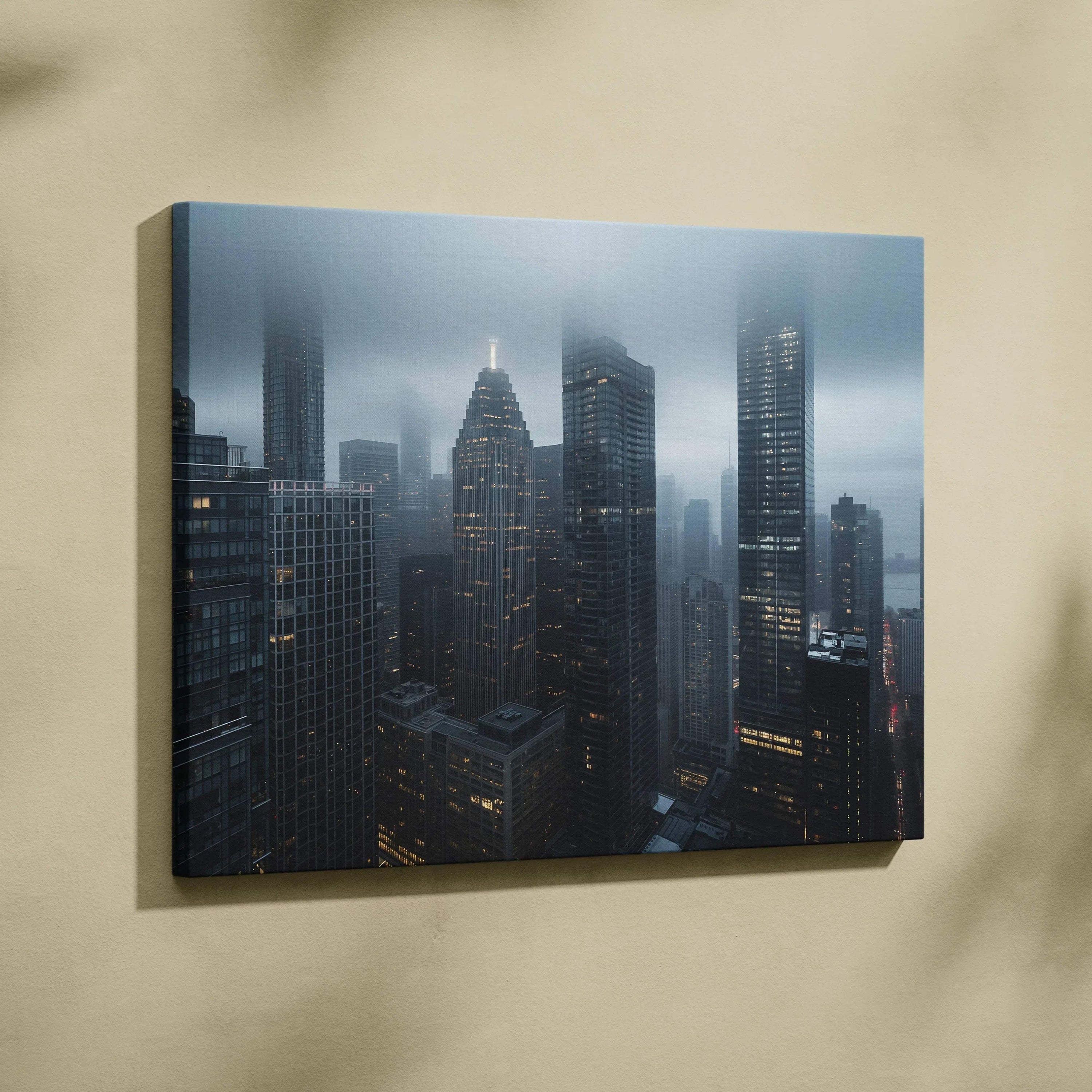 Mist-covered city skyline digital art on canvas wall art with illuminated skyscrapers at dusk.