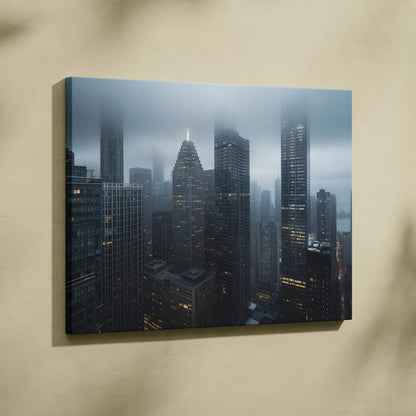 Mist-covered city skyline digital art on canvas wall art with illuminated skyscrapers at dusk.