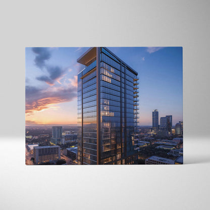 High-resolution canvas wall art print featuring a modern glass skyscraper at sunset with cityscape background.