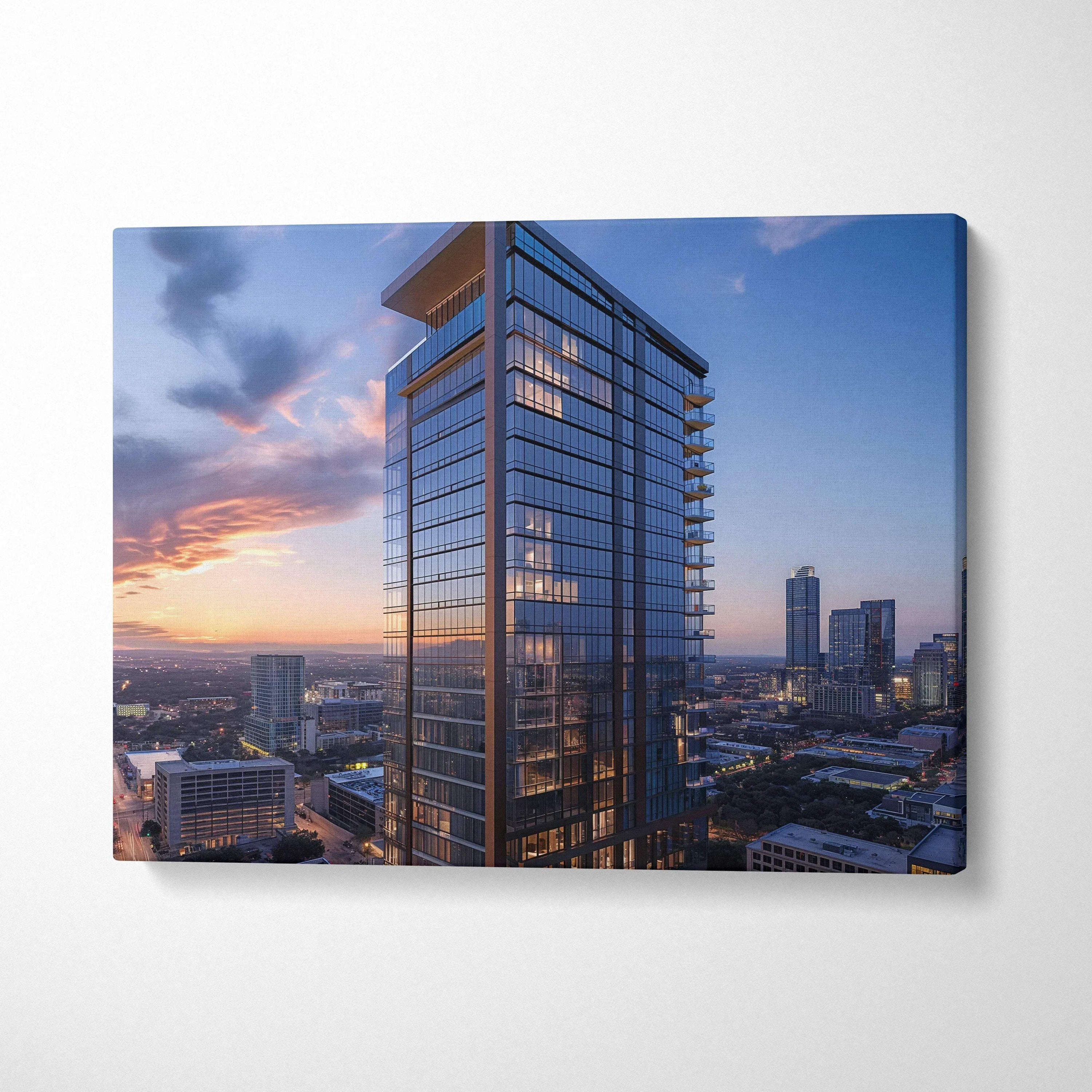 Modern high-rise building at sunset on canvas wall art with reflective glass windows.