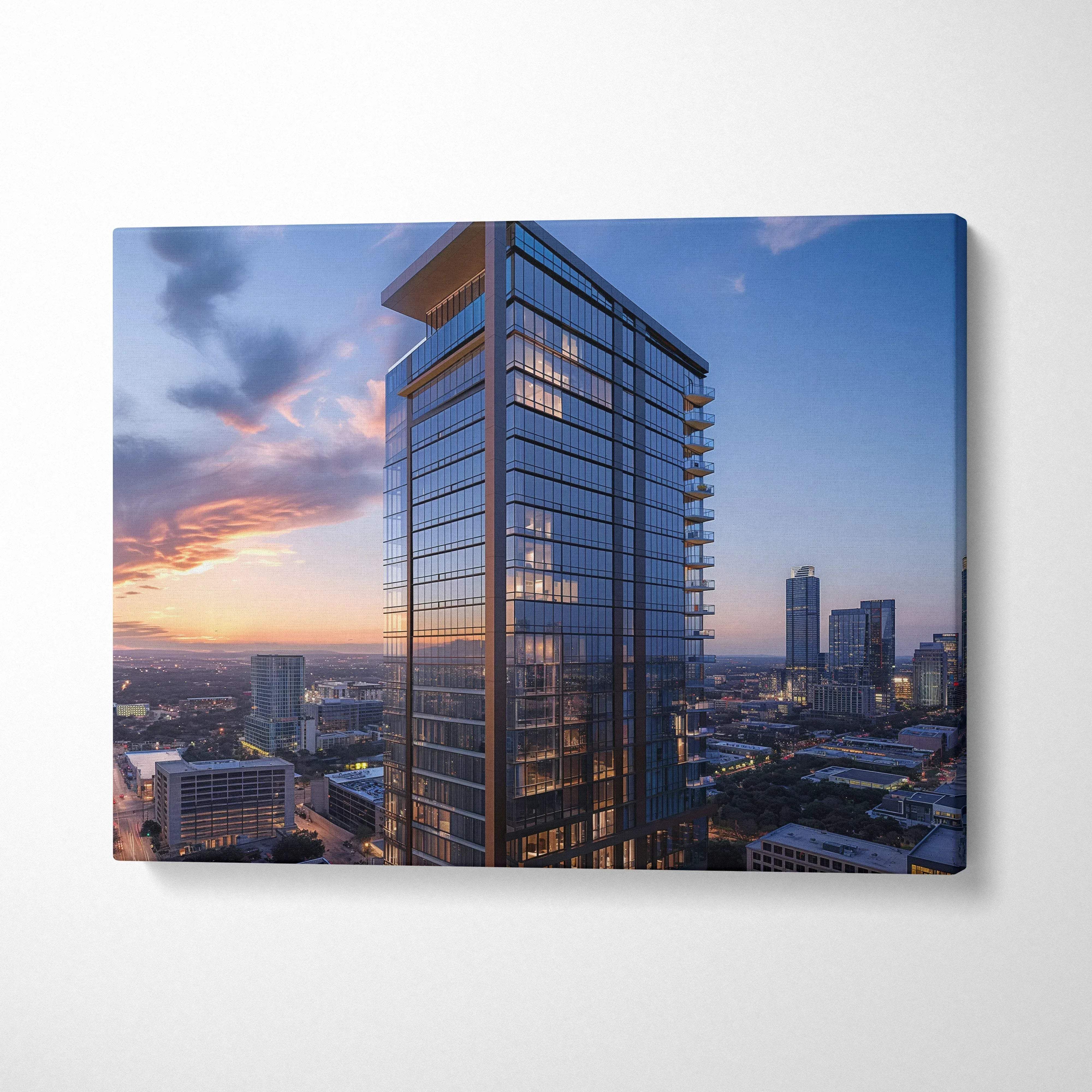 Modern high-rise building at sunset on canvas wall art with reflective glass windows.