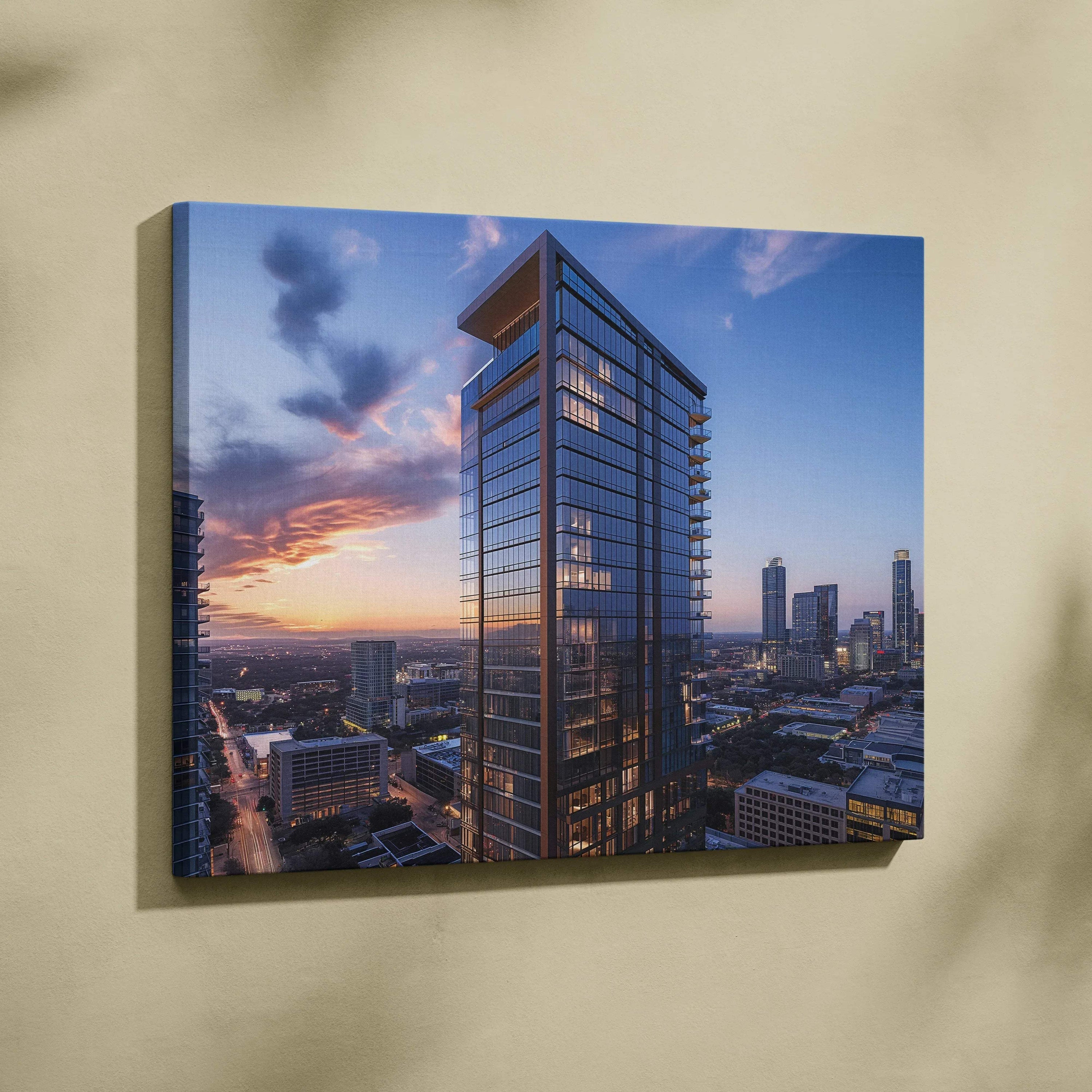 High-resolution canvas wall art featuring modern glass building at sunset cityscape in vibrant colors.