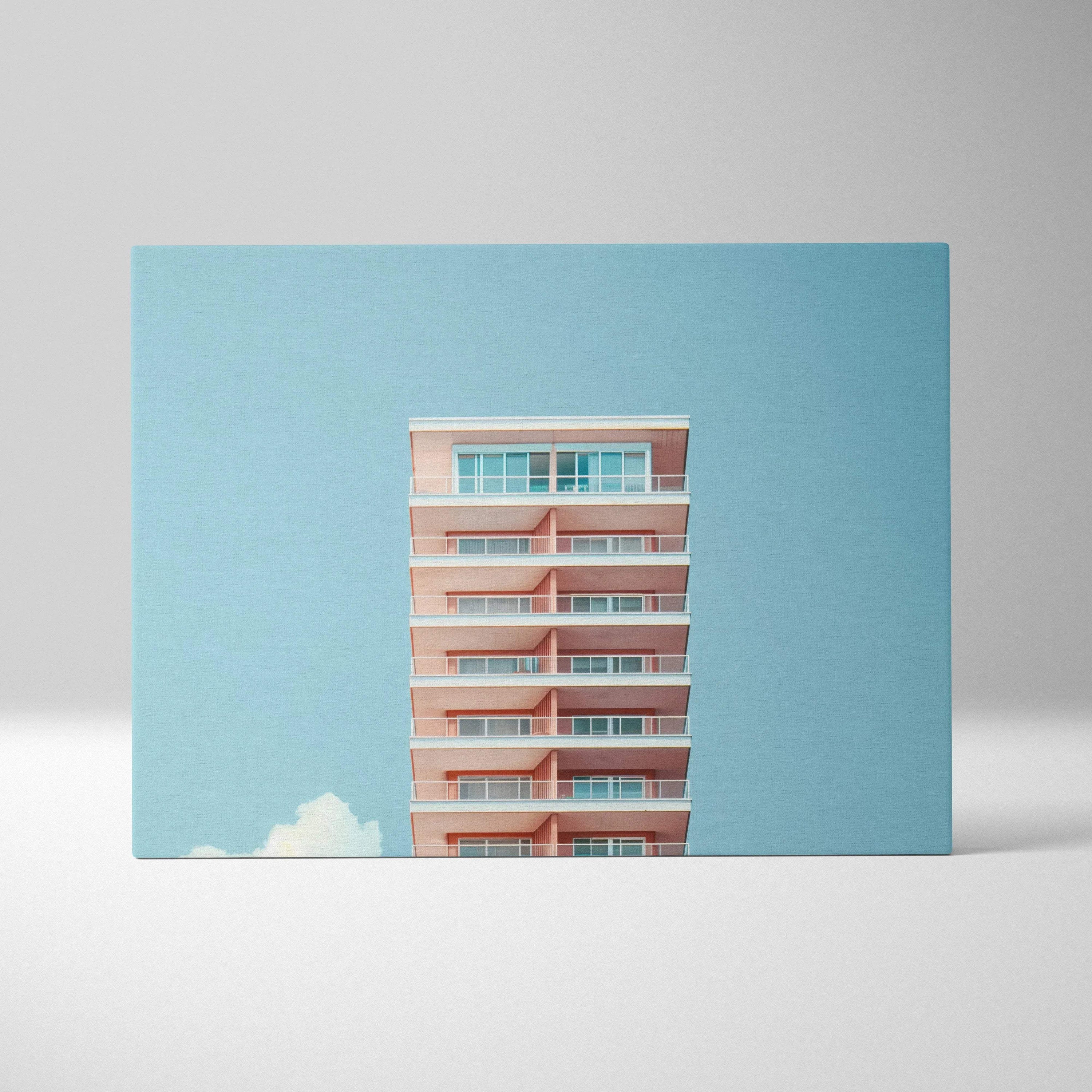 Canvas wall art featuring a modern building facade against a clear blue sky.