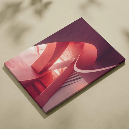 Abstract architectural design on canvas wall art with curved pink and red shapes.