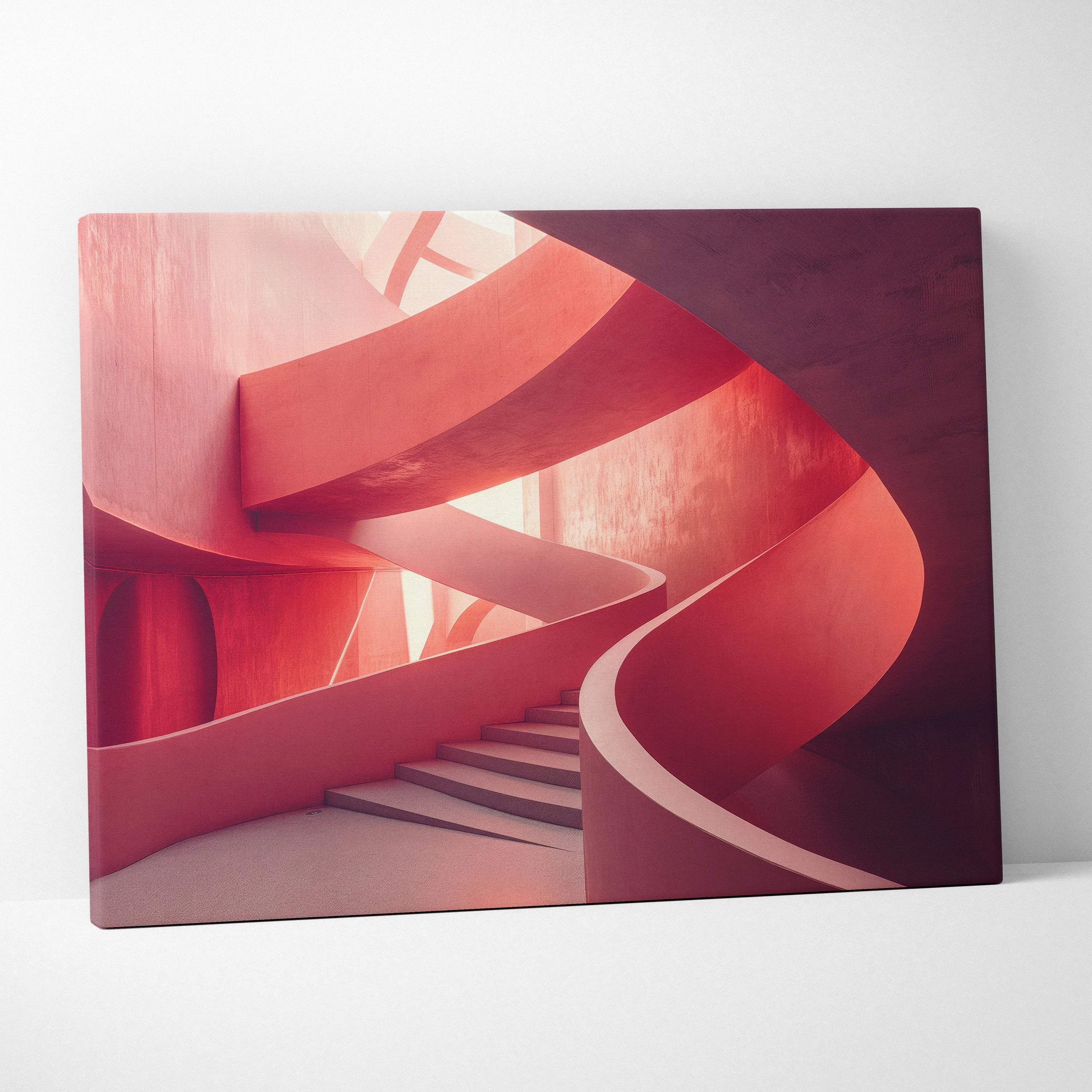 Canvas wall art featuring modern pink architectural curves and stairs with soft natural light.