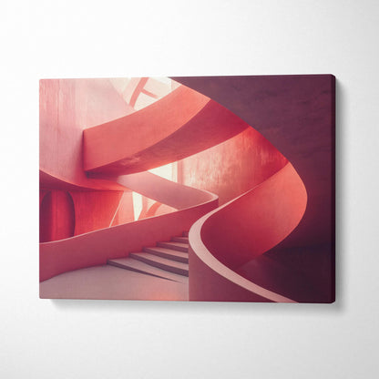 Curved pink architectural staircase canvas wall art with soft lighting and shadows.