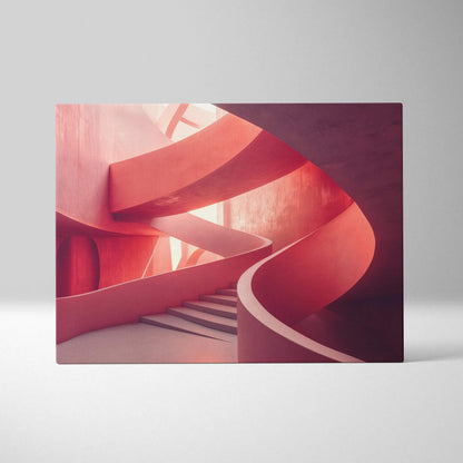 Red architectural spiral staircase canvas wall art with smooth curves and soft lighting.