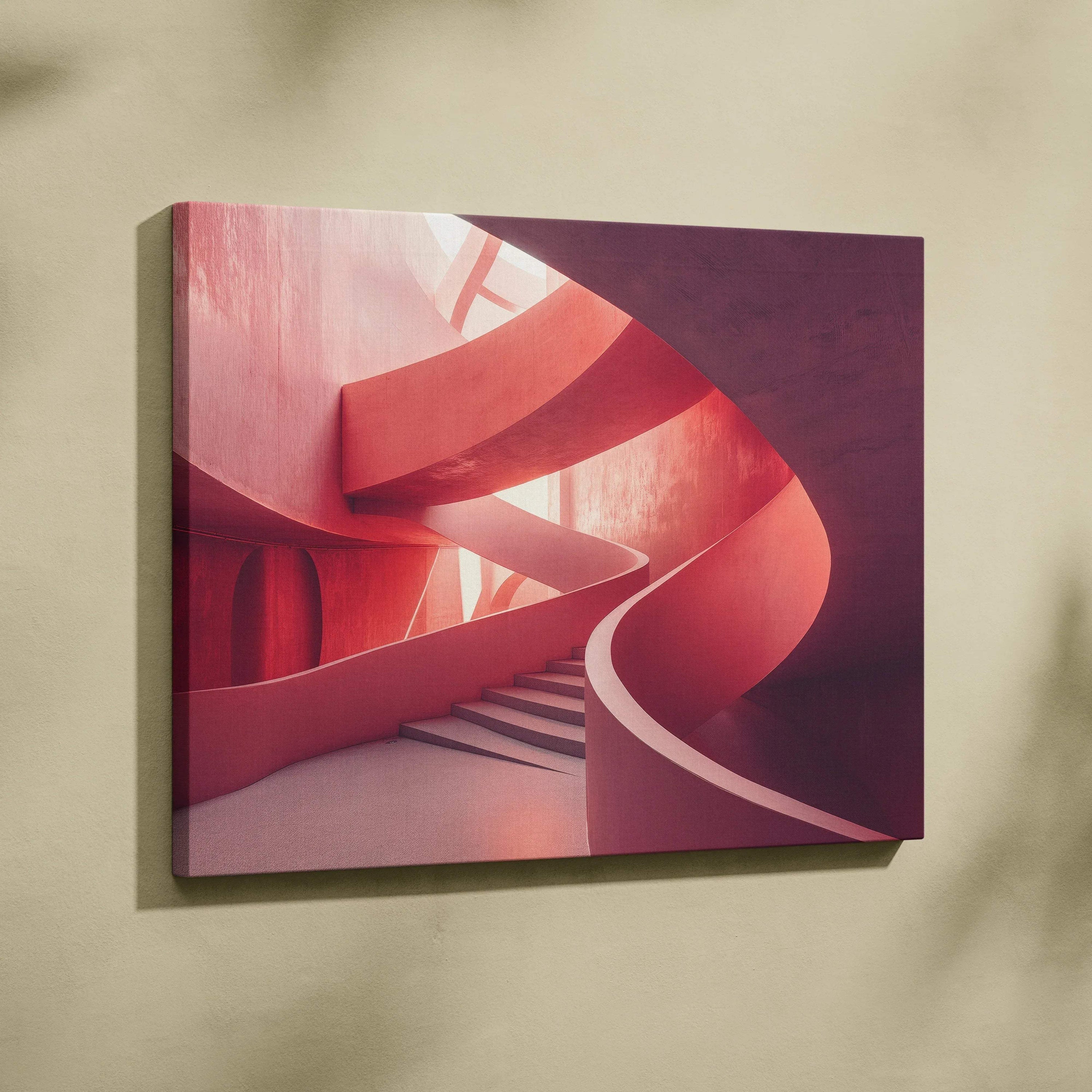 Pink and purple spiral staircase architectural design on canvas wall art print.