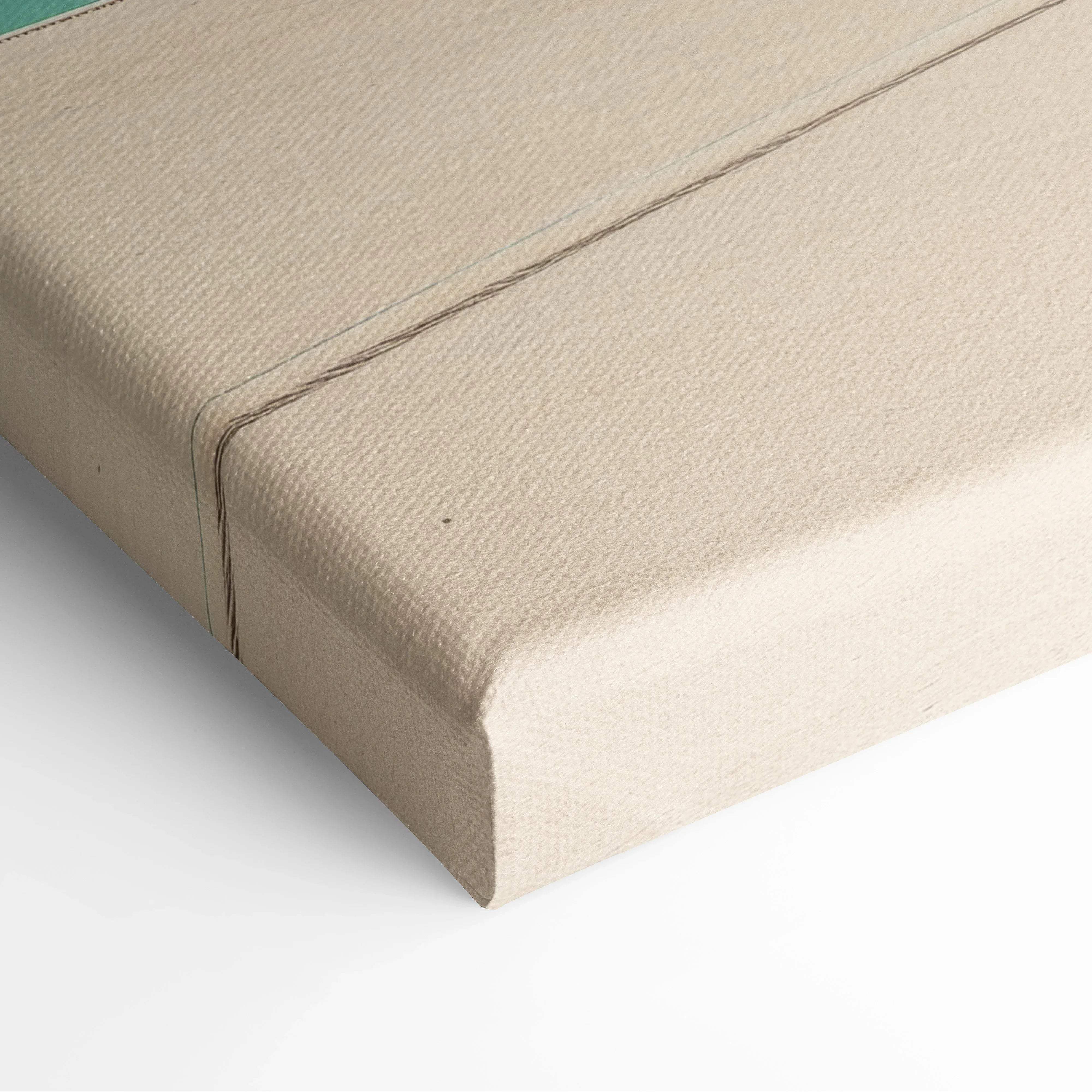 Minimalist architecture canvas wall art with beige textured linen surface and stitched edges in seafoam teal palette