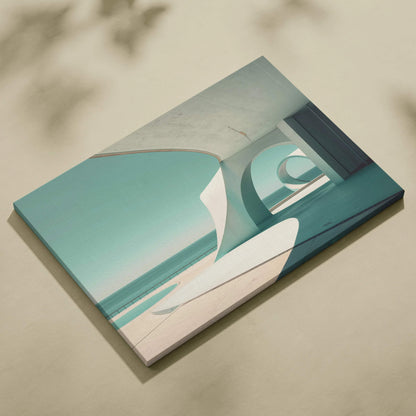 High-resolution canvas art featuring modern architectural curves and arches in soft blue and beige tones, framed as wall art.