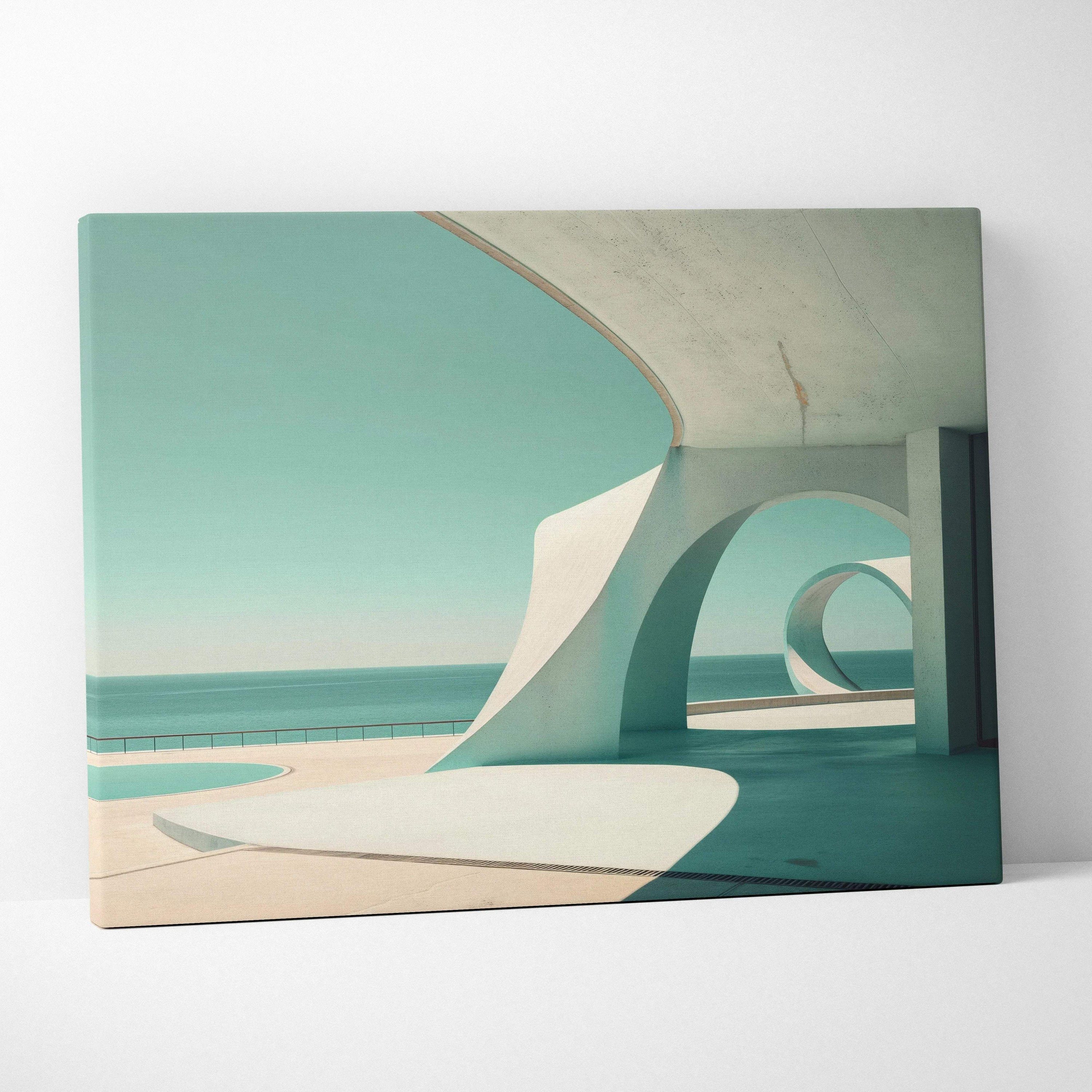 Canvas wall art featuring modern architectural curves in creamy white with a soft turquoise sky background.