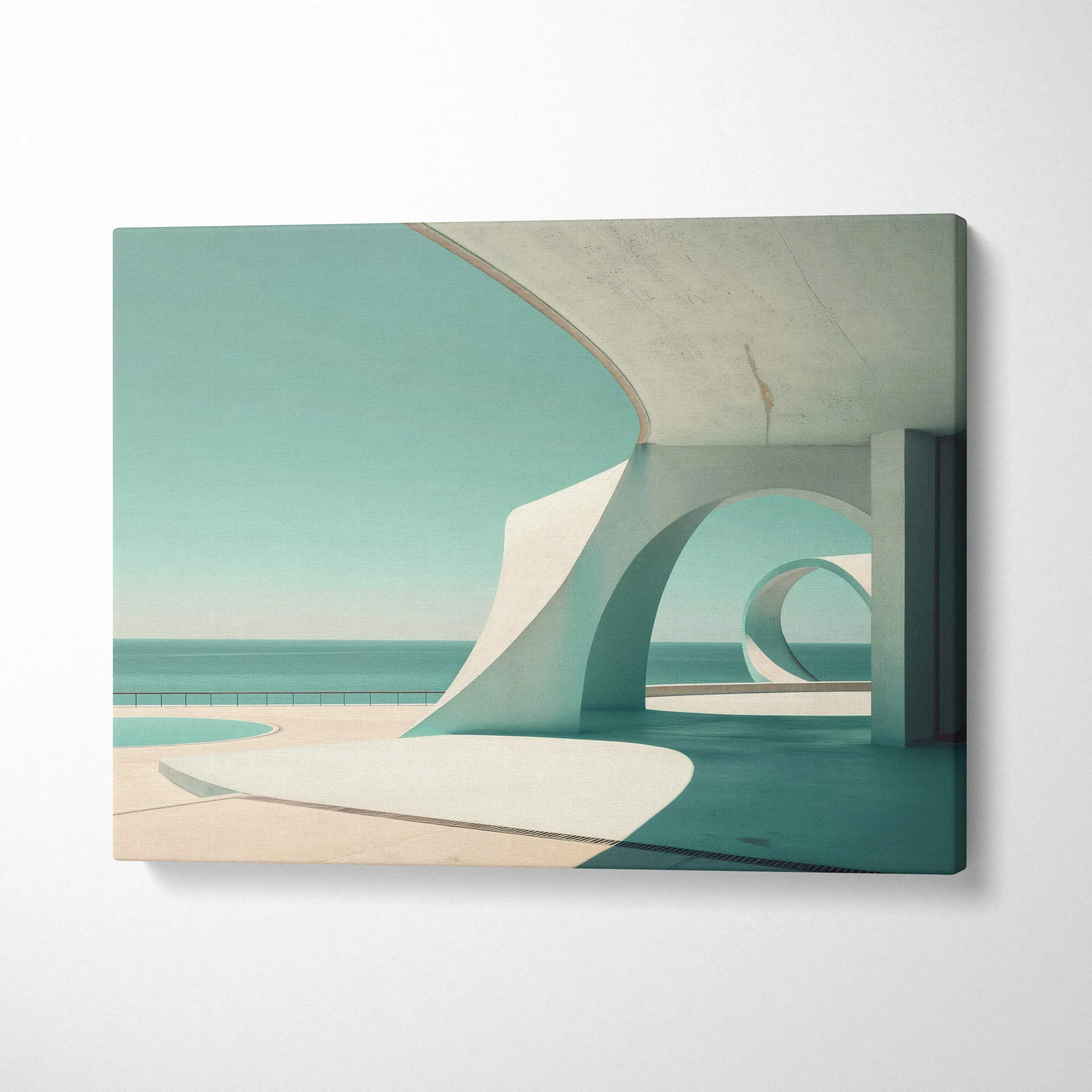 Canvas wall art featuring high-resolution digital architecture with curved concrete structures and a teal sky background.