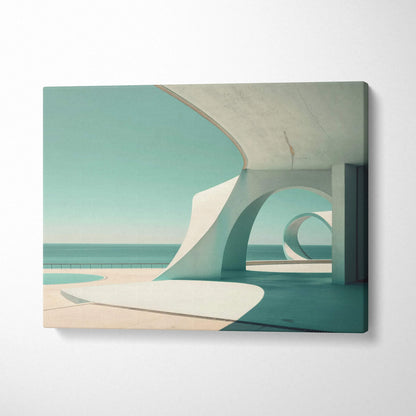 Canvas wall art featuring high-resolution digital architecture with curved concrete structures and a teal sky background.