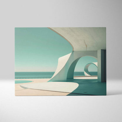 Minimalist architectural canvas wall art featuring curved concrete structures against a pale blue sky and ocean backdrop.