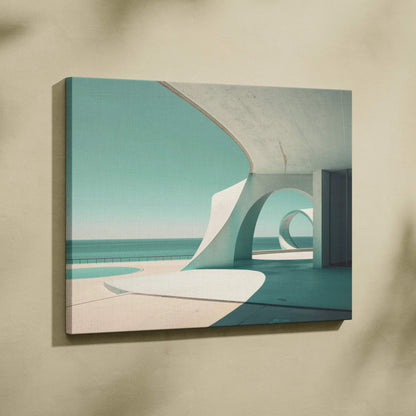 Abstract architectural design with smooth curves and teal sky on canvas wall art.