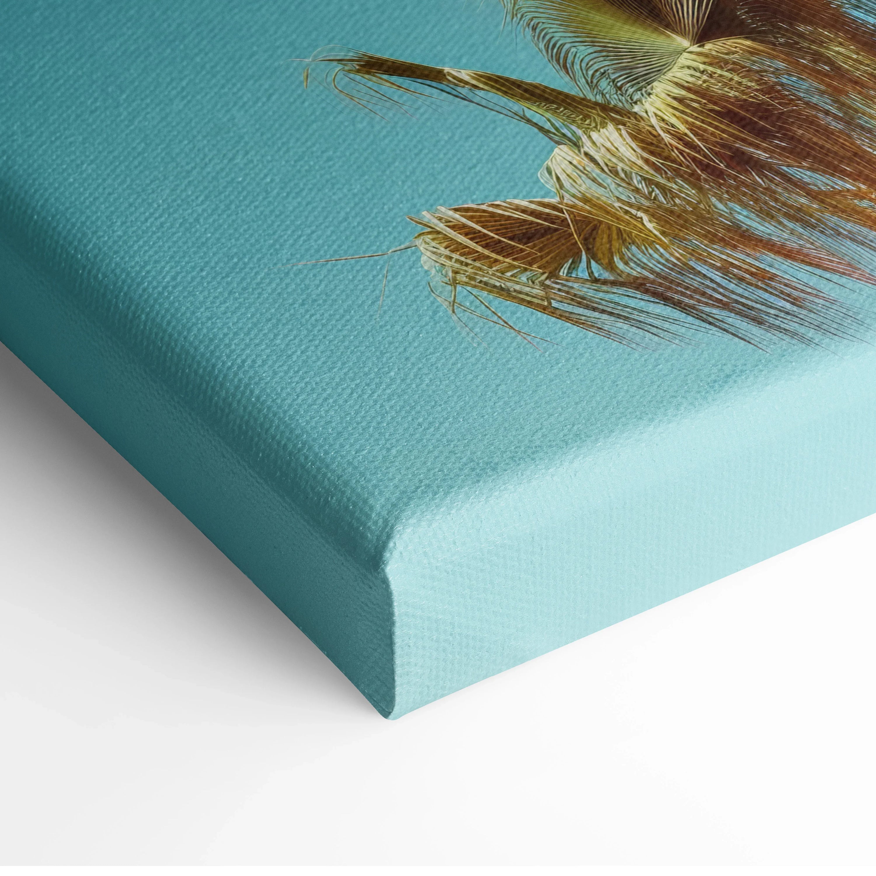Close-up of textured canvas art with teal background and detailed brown grass on vertical canvas wall art.