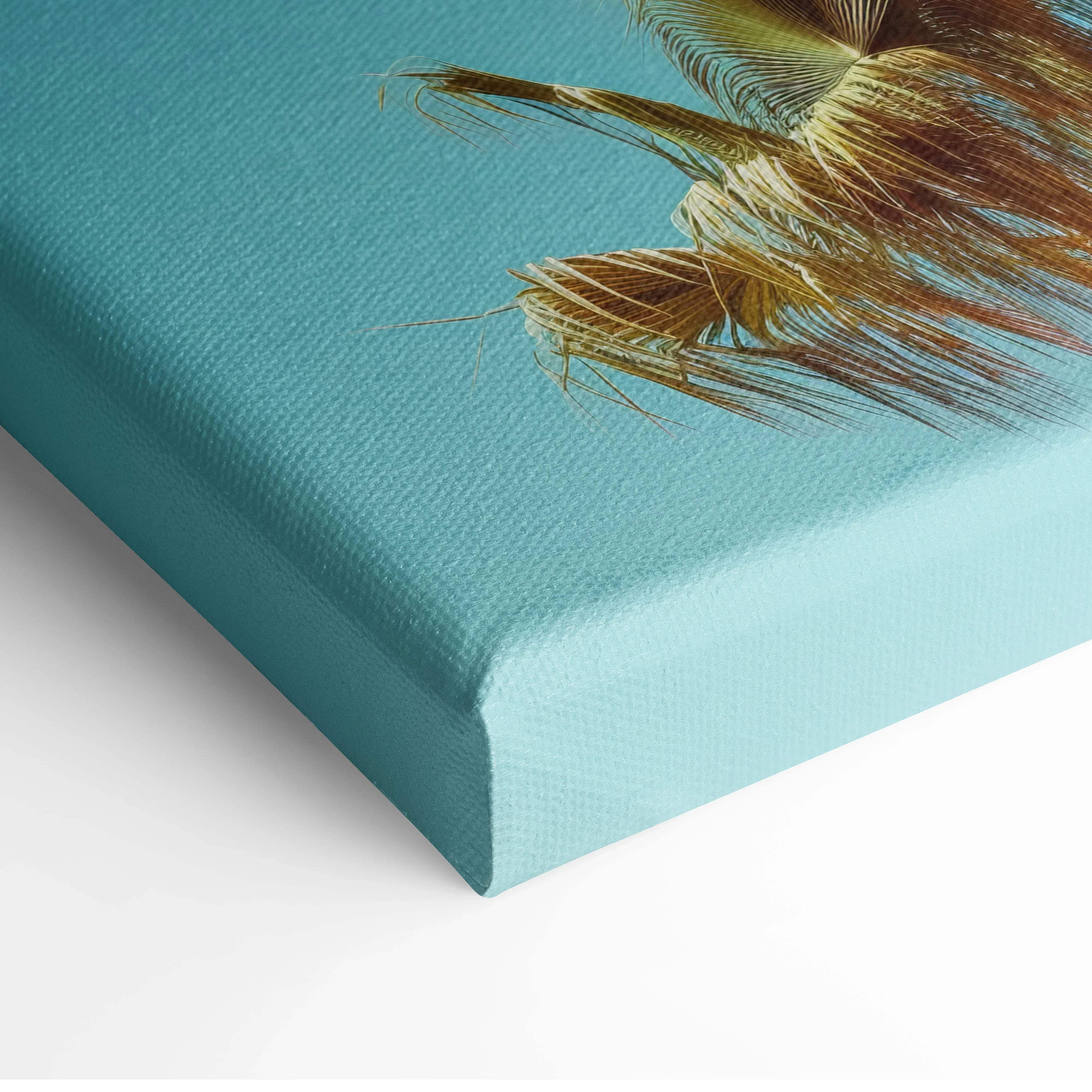 Teal canvas wall art with golden and brown palm fronds inspired by modern architecture coral facade and bold urban color mood