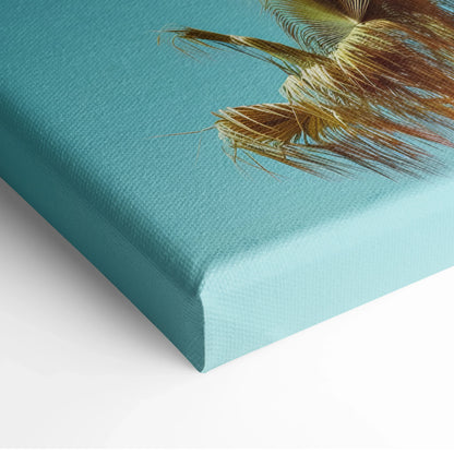Close-up of textured canvas art with teal background and detailed brown grass on vertical canvas wall art.
