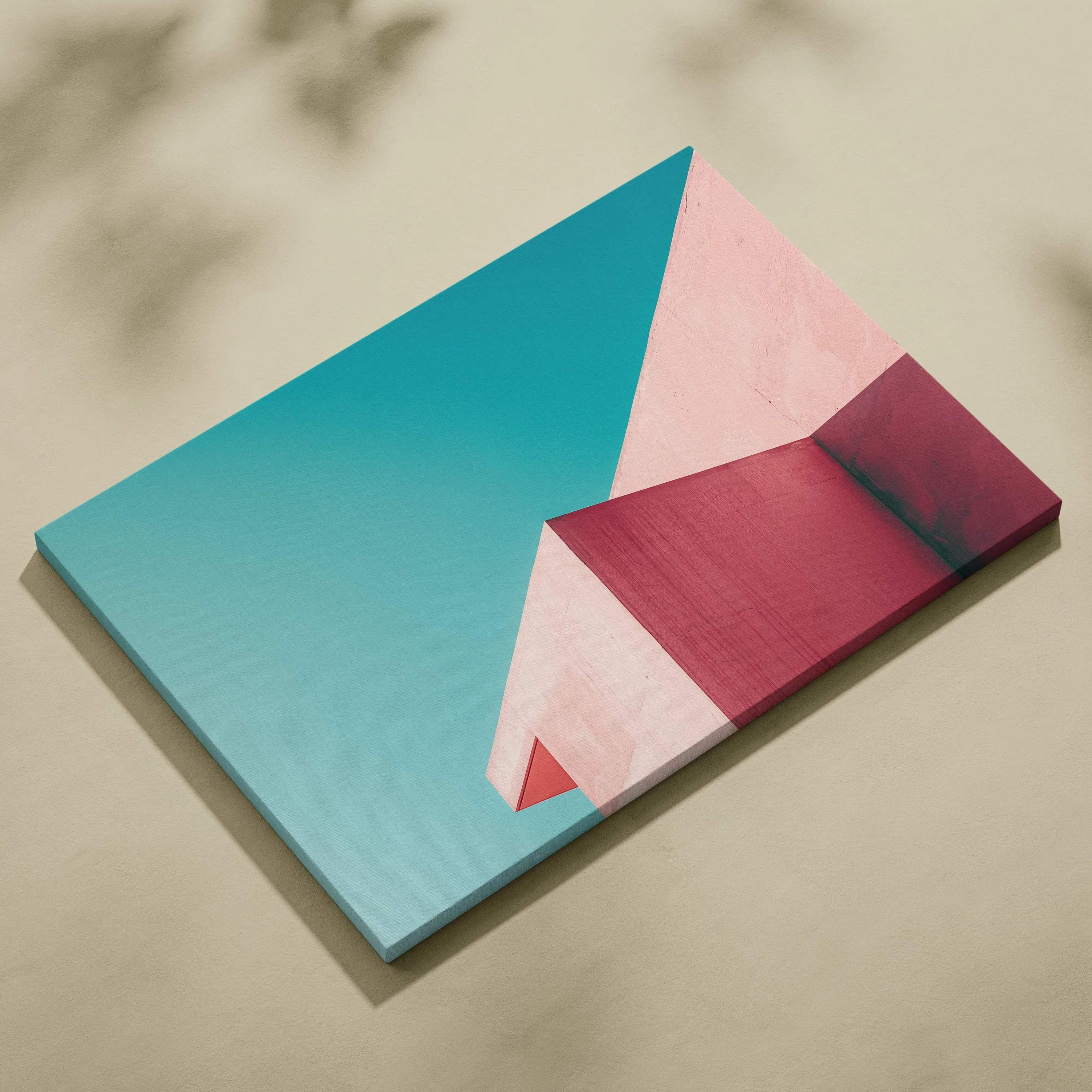 Abstract architectural canvas art print featuring geometric shapes in teal, pink, and maroon.