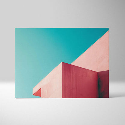 Modern geometric architecture digital canvas art with bold pink shapes against a bright turquoise sky.
