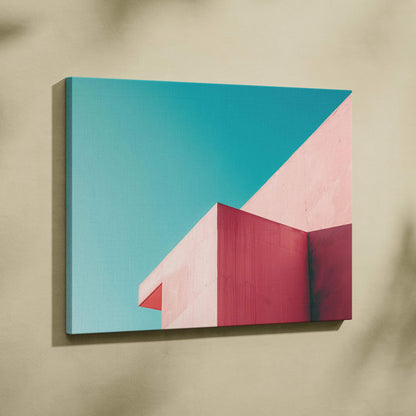 Minimalist architecture canvas art with pink geometric building shapes against blue sky wall art.