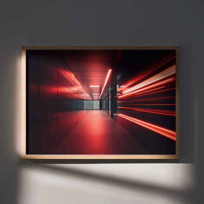 Abstract digital art poster featuring red and black futuristic light streaks in a corridor, modern wall art.