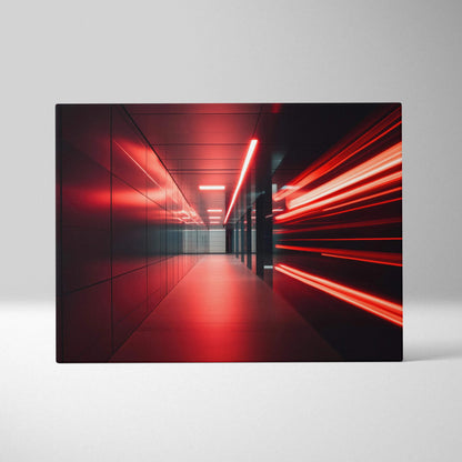 Abstract vibrant red and black digital art on canvas wall art with dynamic light streaks in hallway design.