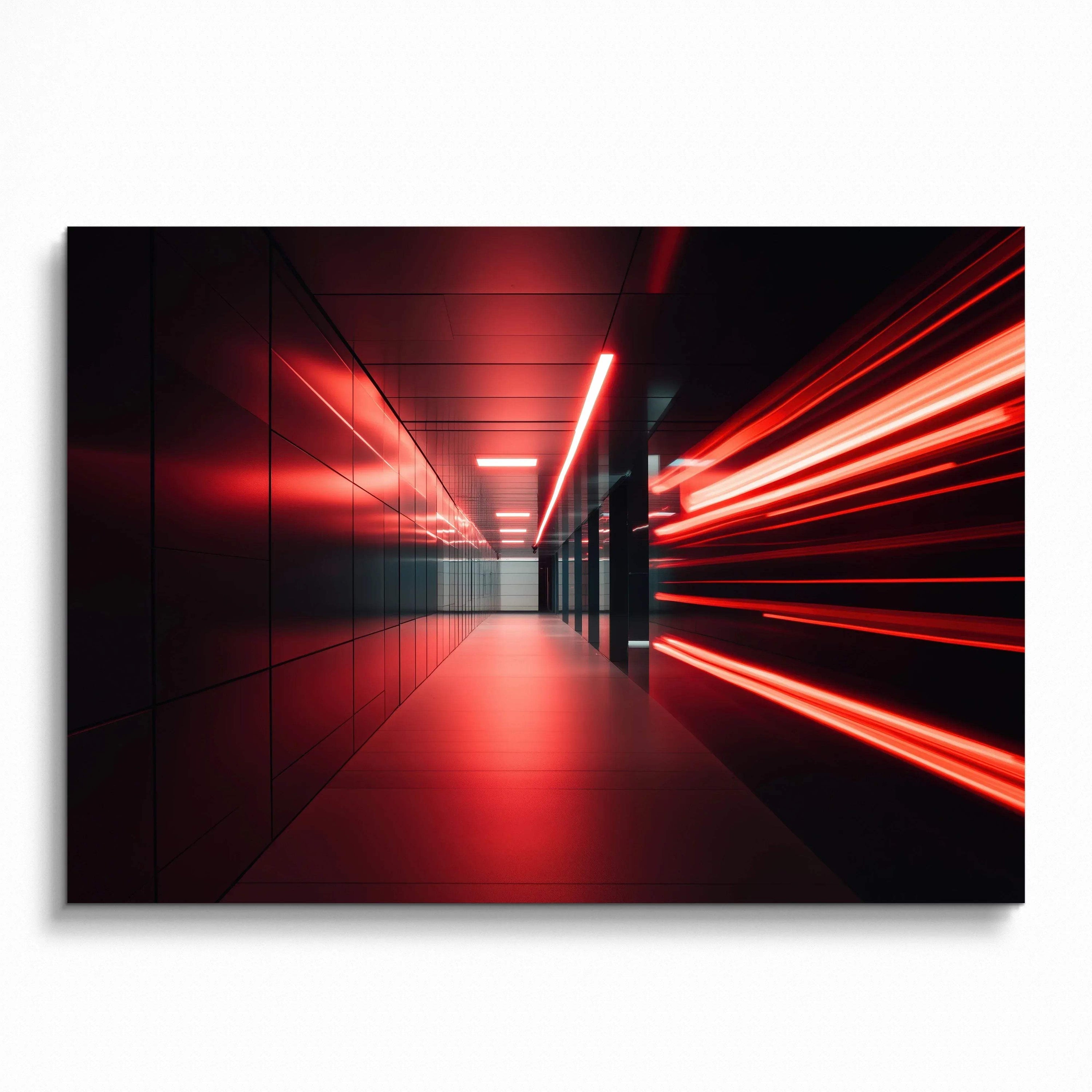 Abstract digital art poster featuring vibrant red light trails in a modern corridor, perfect wall art.